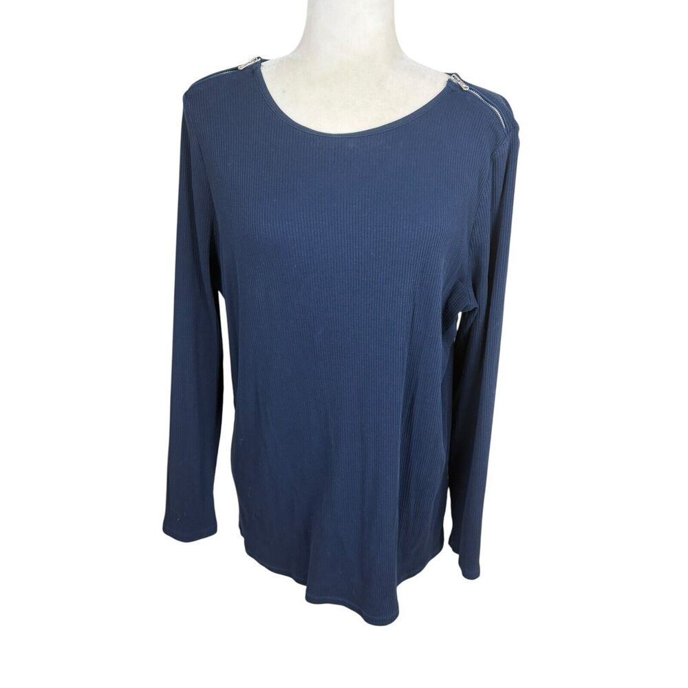 Ralph Lauren Top Womens Size 1X Navy Ribbed Zipper Sophisticated Boat Neck Knit‎ - Picture 2 of 11